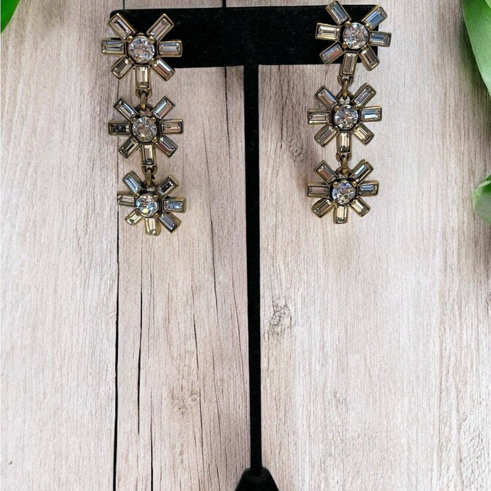 J.Crew Brass Tone Crystal 3-Tier Earrings 2-1/4”